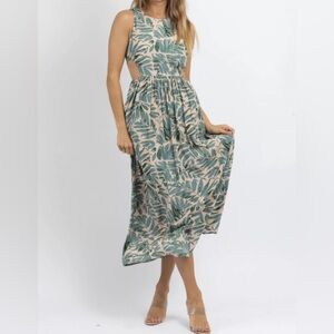 Miou Muse Coconut Palm Leaf Cut Out Maxi Dress in Blush/Green w/ POCKETS! EUC